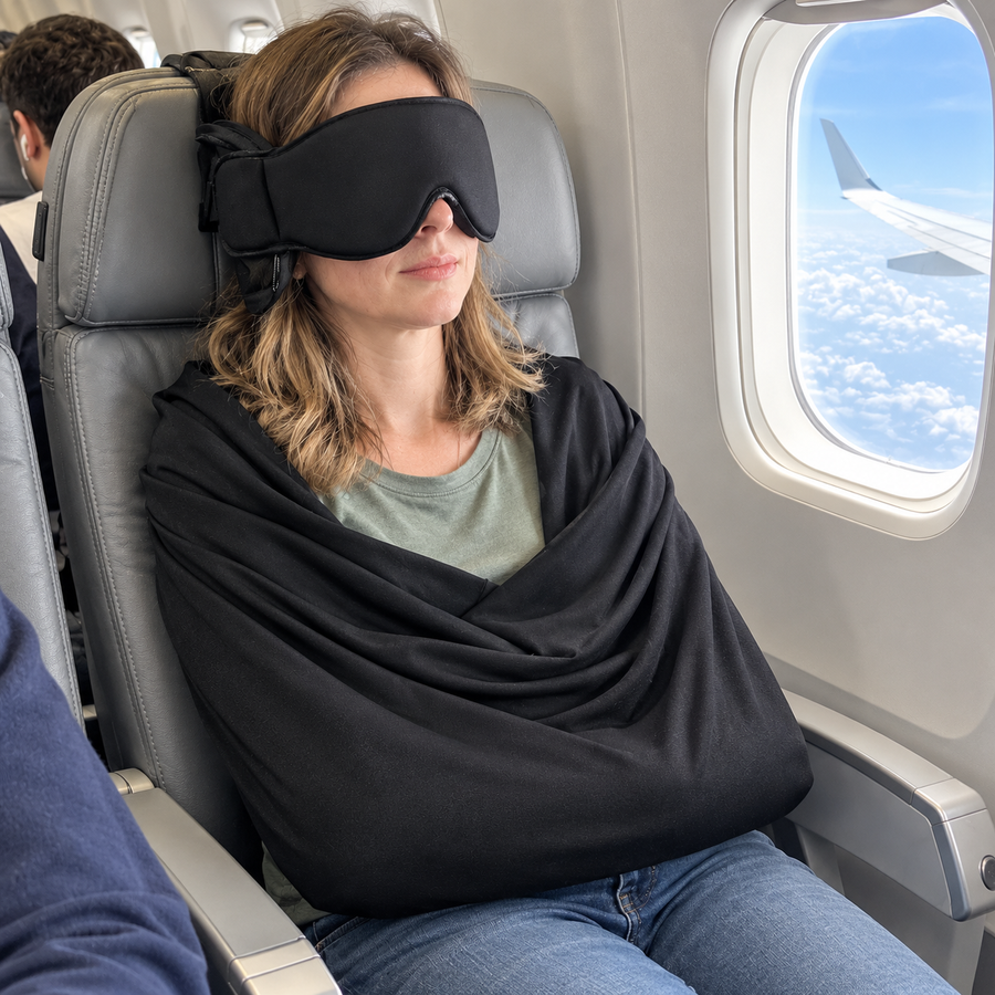 Travel sleep set in use on a plane